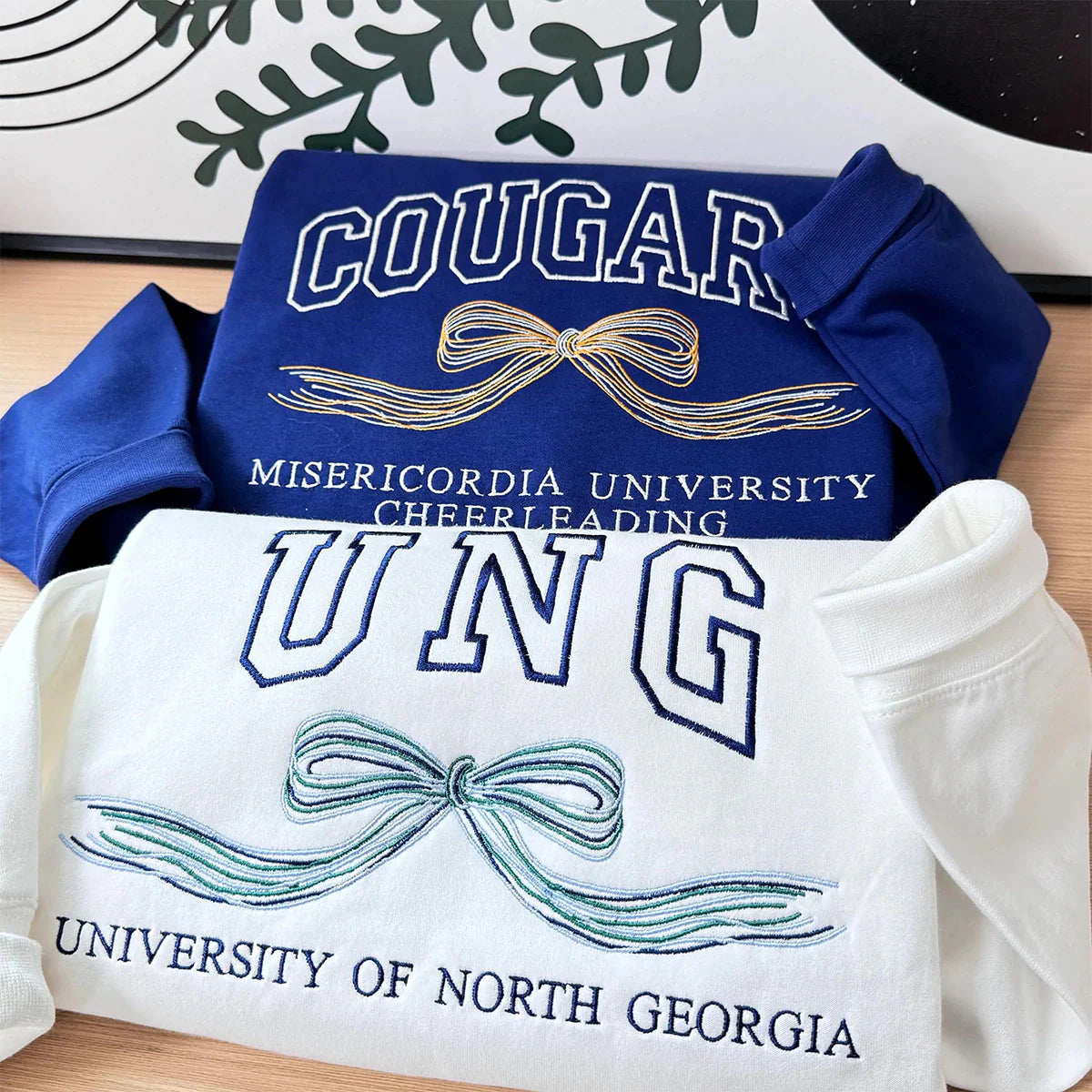 Custom embroidered college hoodie with side bow in school colors