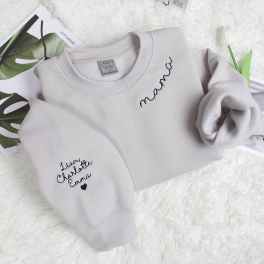 Embroidered Custom Mama Sweatshirt with Children Name on Sleeve
