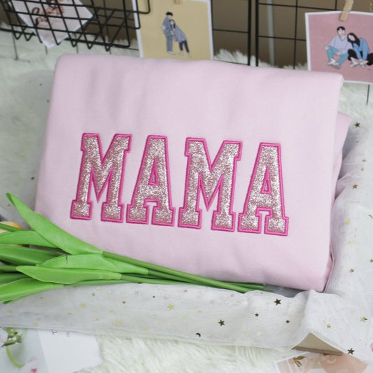 MAMA Embroidered Sweatshirt Embroidered Applique Glitter Crewneck - MH110