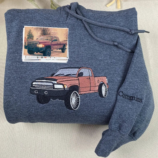 Custom car embroidered sweatshirt from photo – personalized car portrait gift for car lovers.