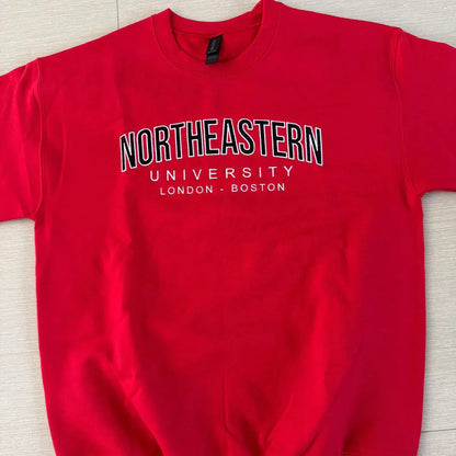 High-quality filled embroidery on varsity crewneck sweatshirt