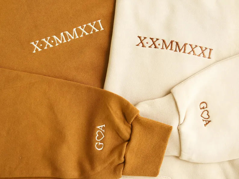 Personalized Valentine's Day crewneck with custom date embroidery, perfect for couples and best friends.