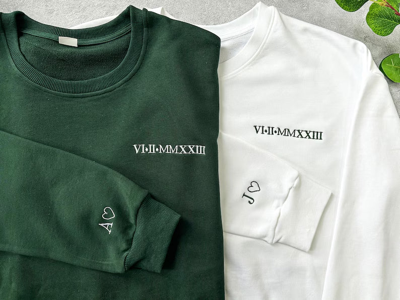 Personalized gift for him or her, custom embroidered sweatshirt with Roman numerals and multiple thread color options.