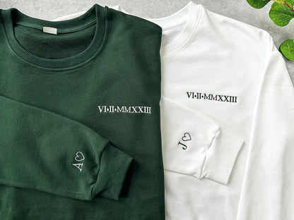 Personalized gift for him or her, custom embroidered sweatshirt with Roman numerals and multiple thread color options.